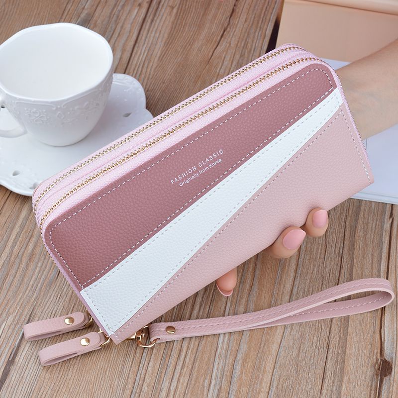 Sera baru ritsleting ganda dompet wanita tas genggam panjang Jepang dan Korea jahitan warna kontras tas ponsel dompet ganda kapasitas besar