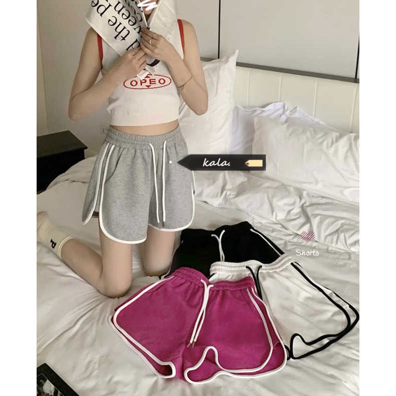 Red Abu-abu Celana Pendek Wanita Kasual Celana Hot Pants Musim Panas Elastis Pinggang Longgar Lebar Kaki Celana Olahraga Celana All-Match lima Celana Pasang