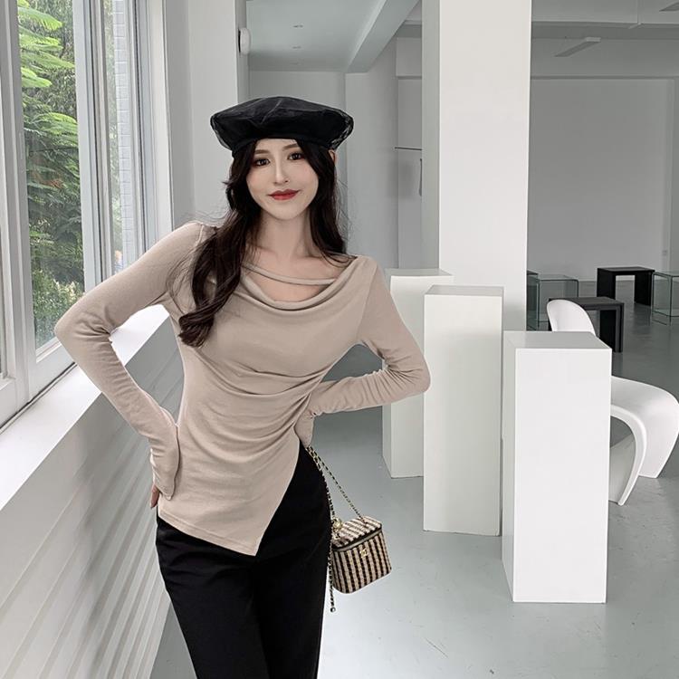 Red Swing collar t-shirt wanita keinginan murni celah angin setengah panjang lengan panjang kemeja musim semi slim versi Korea dari hot girl top