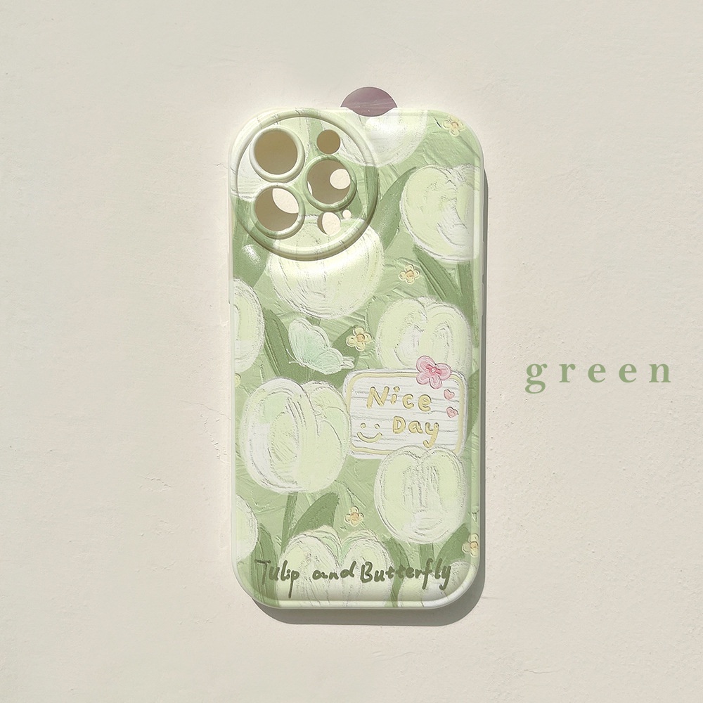 IPHONE Musim Panas Hijau Tulip Lukisan Minyak Bulat Pelindung Lensa Kamera Lembut Ponsel Case Cover Untuk Iphone7 8 PLUS X XR XS 11 12 13 14 PRO MAX SE 2020