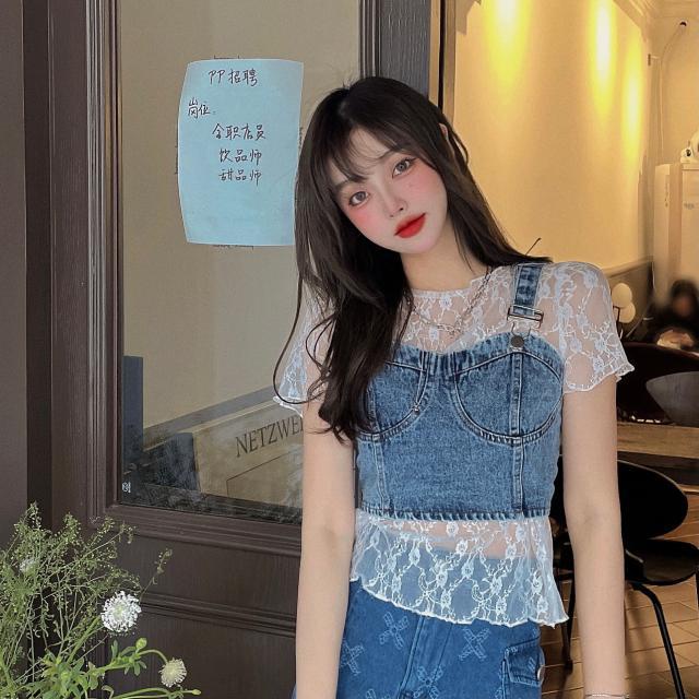 Red Setelan one-piece pahlawan sekolah keren ~ dasar renda putih jacquard + rompi denim retro setelan suspender pendek