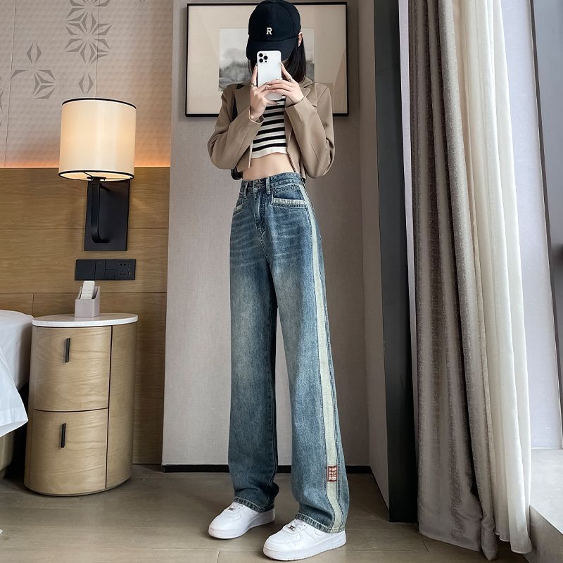 Red Pinggang tinggi lurus musim panas bagian tipis baru longgar retro tinggi kaki lebar kepribadian gaya elegan mengepel jeans wanita