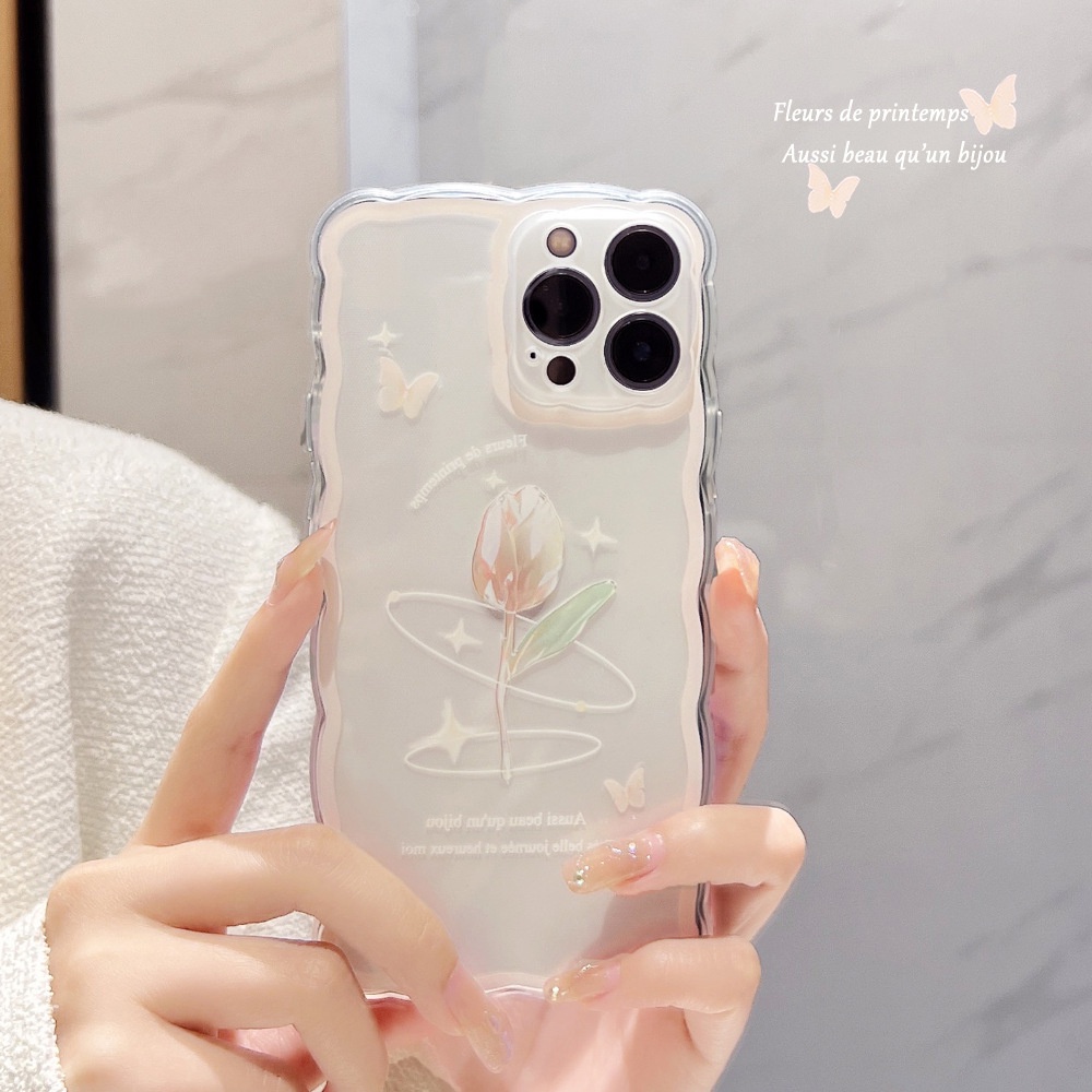 IPHONE Perancis Kristal Tulip Bunga Dicetak Gelombang Berbentuk Transparan Casing Ponsel Untuk Iphone7 8 PLUS X XR XS 11 12 13 14 MINI PRO MAX SE 2020 Full Perlindungan Shell