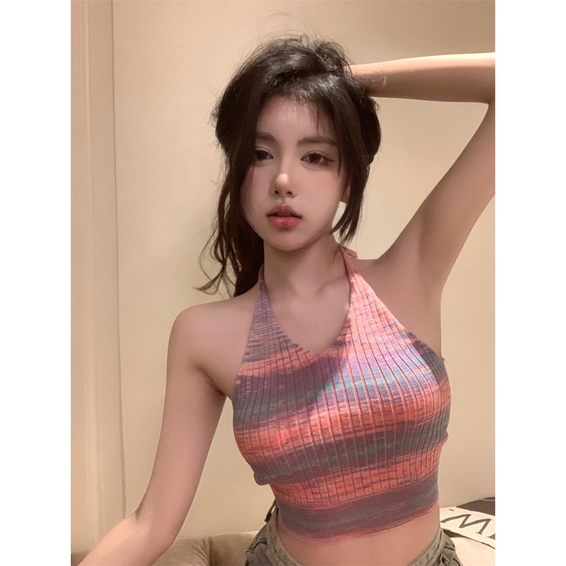Sweet Spice Girls Striped Knit Halter Neck Kamisol Kecil Wanita Musim Panas Seksi Strap Slim Short Tops #COD