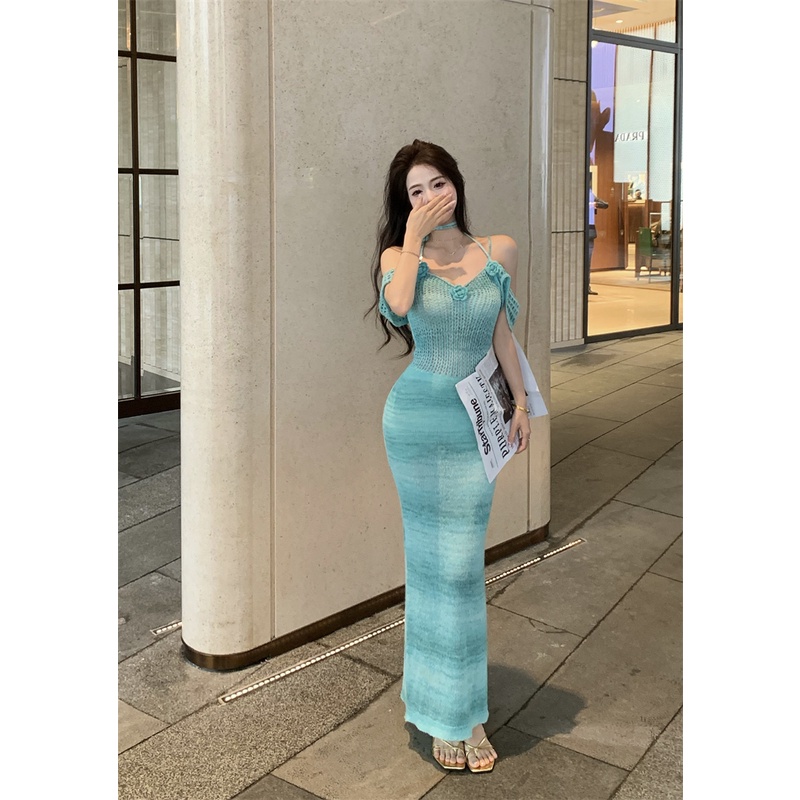 ►✹#COD Suhao Gaun tali leher halter rajutan biru musim panas wanita v-neck rok setengah panjang dengan pinggang dan rok pinggul tas bunga tiga dimensi
