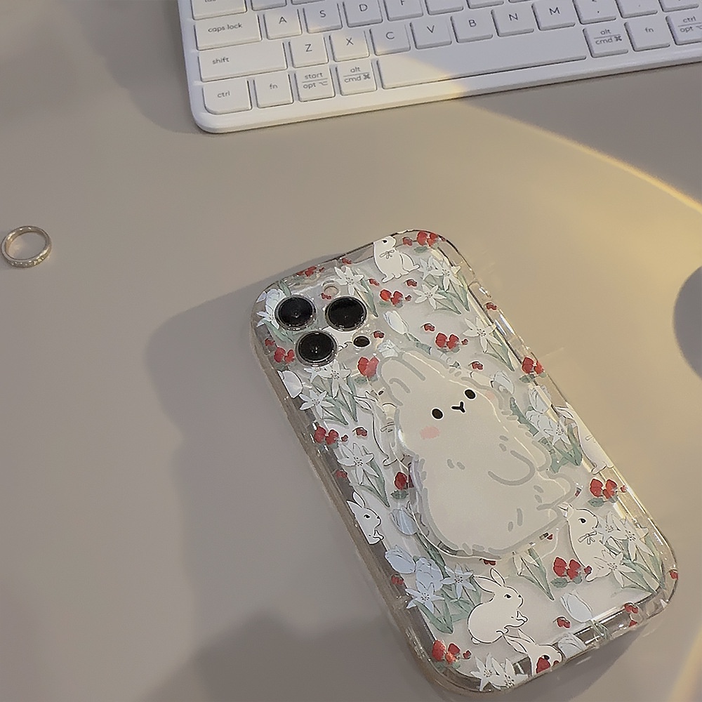IPHONE Kartun Bunga Kelinci Ponsel Case Lembut TPU Pelindung Transparan Cover Dengan Kelinci Lucu Holder Untuk Iphone11 12 13 14 PLUS PRO MAX
