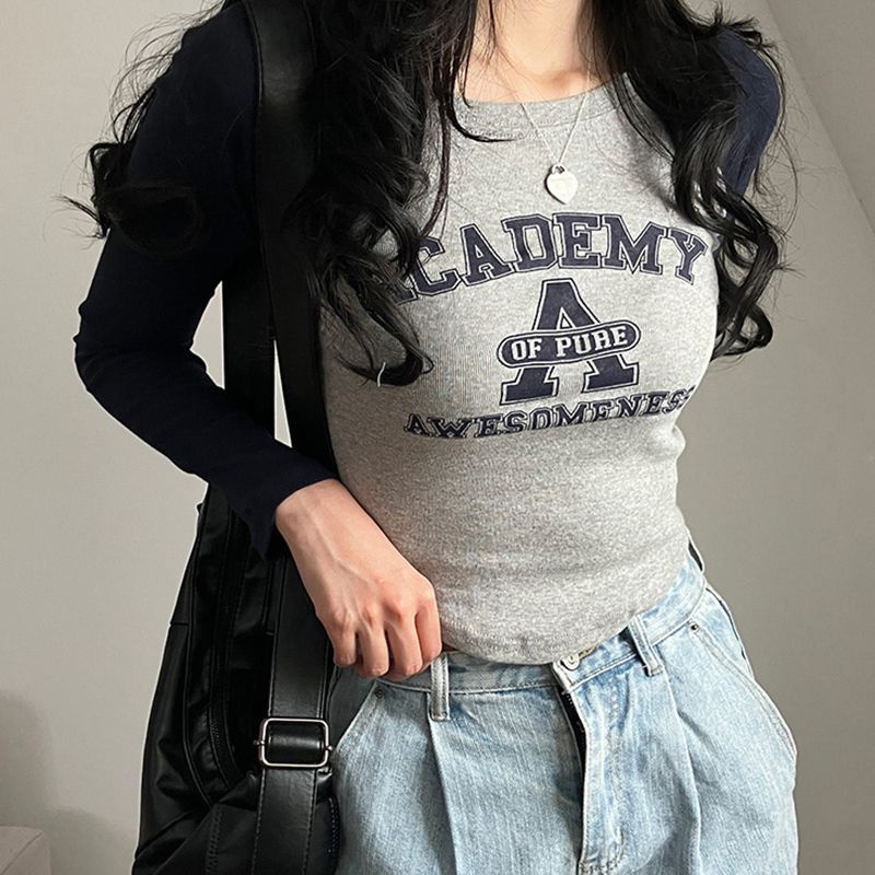Red Rapcopter American College Mencetak Warna Kontras Kaos Lengan Panjang Wanita Leher Bulat Benang Slim Fit Slim Spice Girl Atasan Pendek