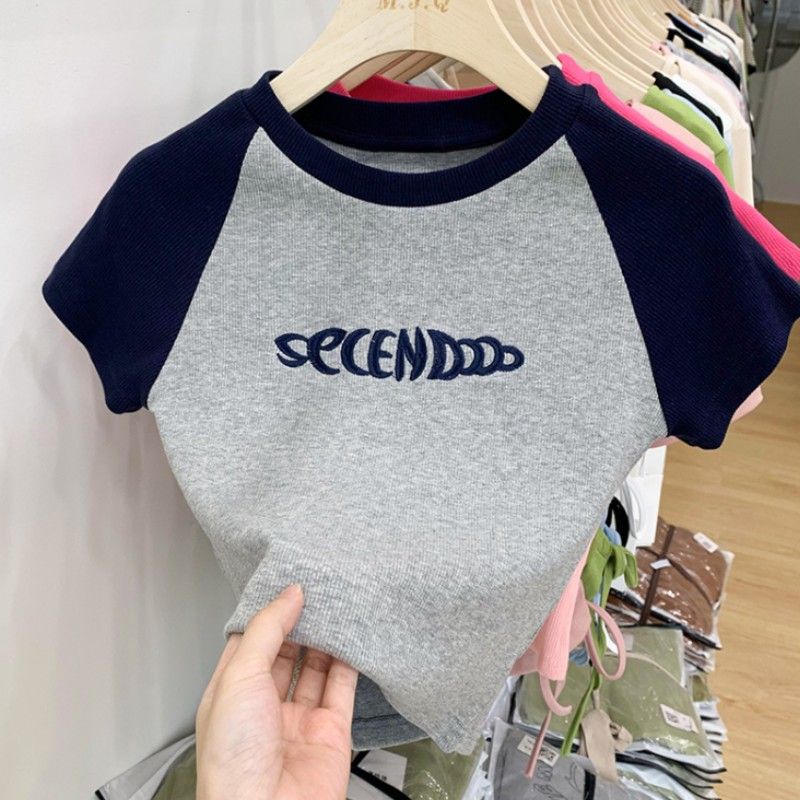 Red Bahu depan bahu raglan lengan pendek t-shirt wanita musim panas rasa desain ceruk hit warna liar in angin hot gadis ketat pendek top
