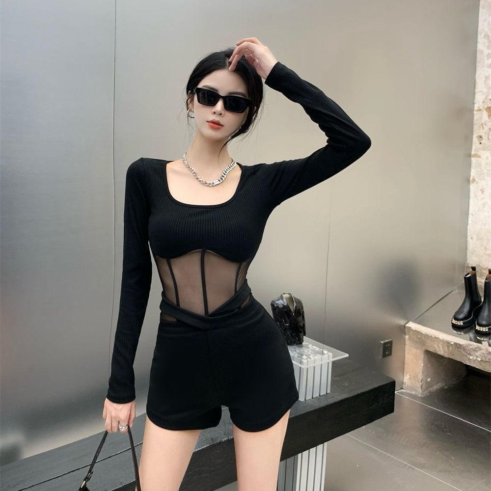 Red Fashion Renda Super Pedas Top Kasual Slim Lengan Panjang T-shirt Wanita Jangkar Baru Mesh Pakaian Luar Kemeja Bottoming