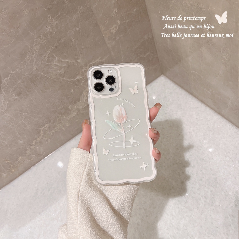 IPHONE Perancis Kristal Tulip Bunga Dicetak Gelombang Berbentuk Transparan Casing Ponsel Untuk Iphone7 8 PLUS X XR XS 11 12 13 14 MINI PRO MAX SE 2020 Full Perlindungan Shell