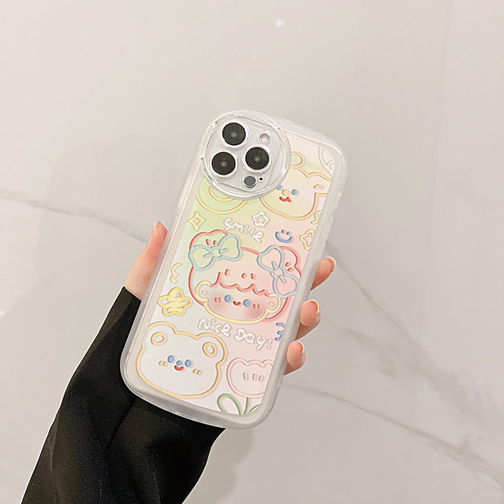 IPHONE Doodle Kartun Gadis Bulat Pelindung Lensa Kamera Semi Transparan Phone Case Cover Untuk Iphone7 8 PLUS X XR XS 11 12 13 14 PRO MAX SE 2020