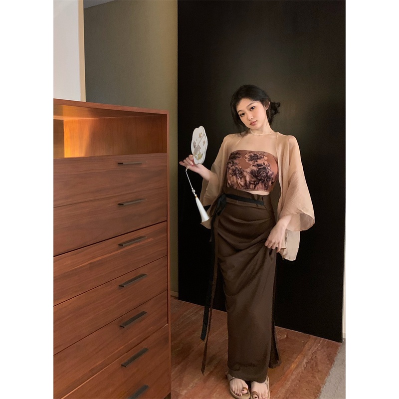 ∋✒☬Suhao Cina Baru Zen Suit Tube Top Rompi Wanita Musim Panas Chiffon Tabir Surya Kardigan Rok Panjang Rok Tiga Potong Tanaman top Seksi Tank Top Wanita Motif