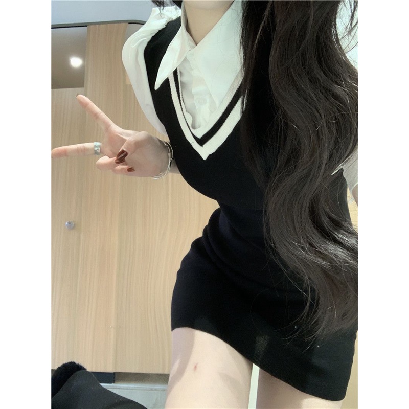 Red Kontras warna gaya barat baju dua potong palsu gaun musim panas wanita baru manis panas gadis pinggang tas pelangsing pinggul rok pendek