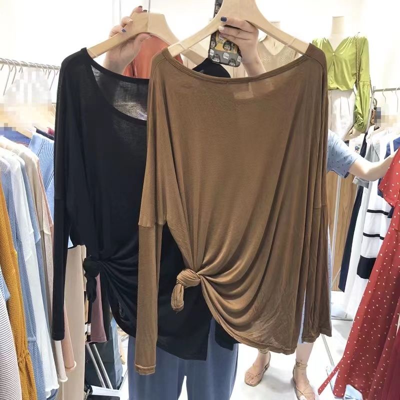 Red Malas Atasan Wanita Celah Lengan Panjang Ukuran Besar Versi Korea Longgar Drape Slim Leher Besar T-shirt Sekali Pakai Bagian Tipis tabir Surya T