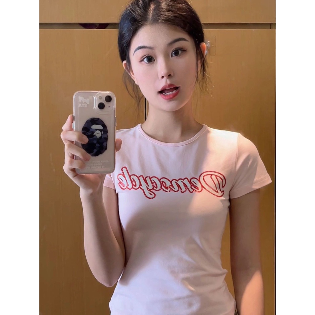 Red American hot girl bm style letter front shoulder short-sleeve t-shirt female versi Korea slim slim short top ins sweet and spicy pure desire