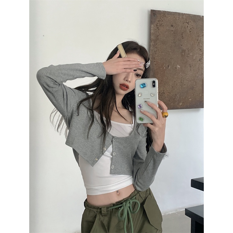 ☃◐☒#COD Suhao hot girl simple lengan panjang T-shirt pakaian wanita musim semi 2023 baru warna solid kardigan pendek kecil set dua potong