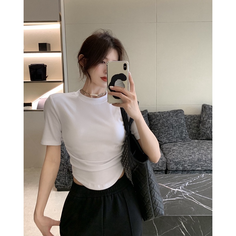 ☁﹉#COD Suhao red hot girl T-shirt lengan pendek wanita musim semi pinggang pendek rasa desain niche slim fit top bottoming shirt