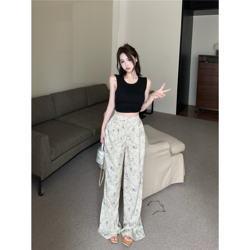 ●∋□celana wanita harga murah pinggang elastis ink printing casual pants women s summer tie-dye loose mopping trousers drape straight wide leg pants celana wanita celana highwaist