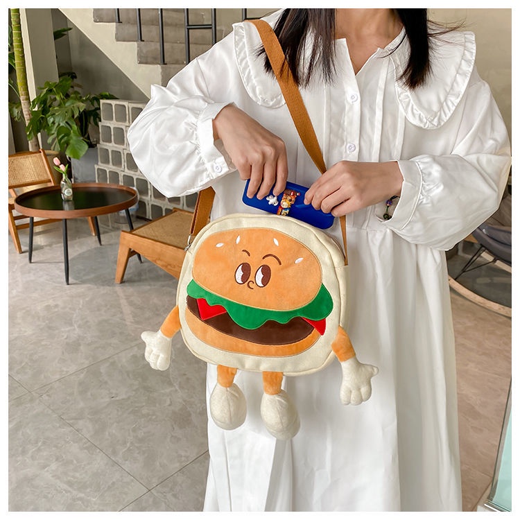 Sera seri lucu hamburger musim semi ceruk tas lucu baru awal musim semi tas kanvas satu bahu tas kreatif Douyin Xiaohongshu