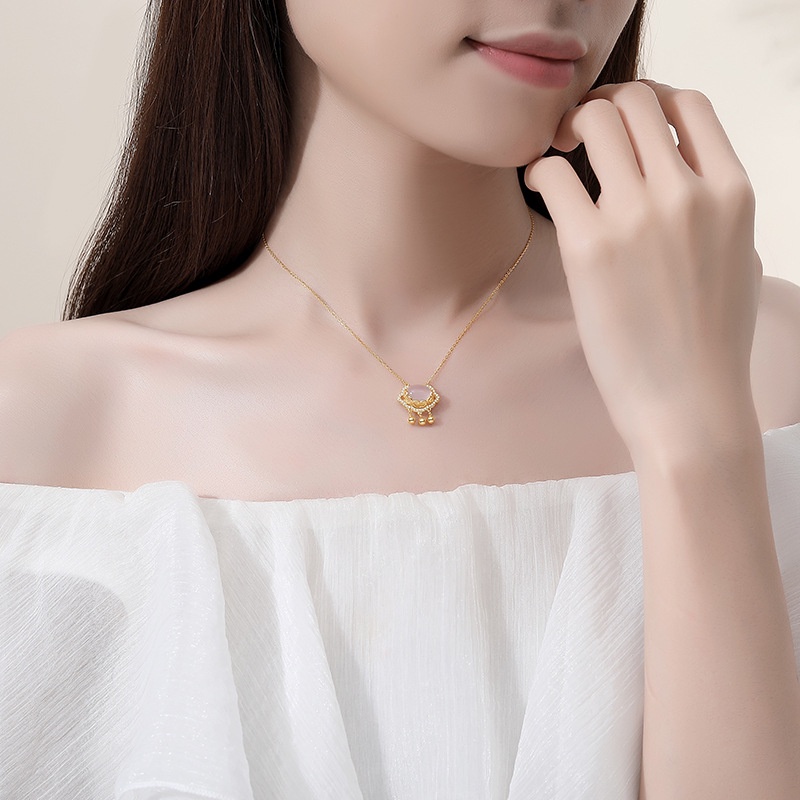 Sterling Silver Disepuh 14 K Emas Menguntungkan Awan Ruyi Aman Lock Kalung Perempuan Tik Tok Gaya Yang Sama Kunci Konsentrik Gaya Cina Liontin Kalung