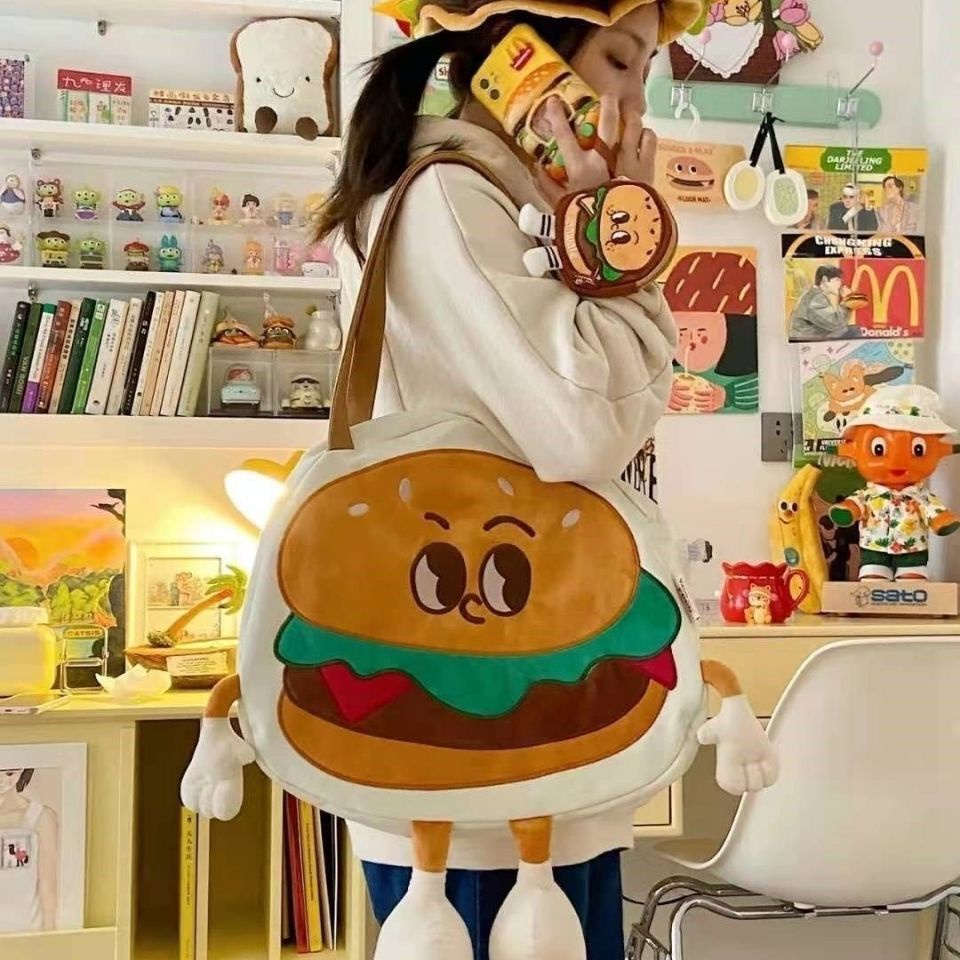 Sera seri lucu hamburger musim semi ceruk tas lucu baru awal musim semi tas kanvas satu bahu tas kreatif Douyin Xiaohongshu