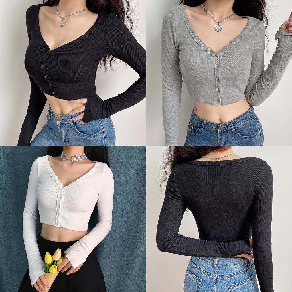 Red Eropa dan Amerika Gaya Seksi V-Leher Sweater Wanita Slim Fit Tombol Kecil Cardigan Retro Gaya Hong Kong Lengan Panjang T-shirt Pendek