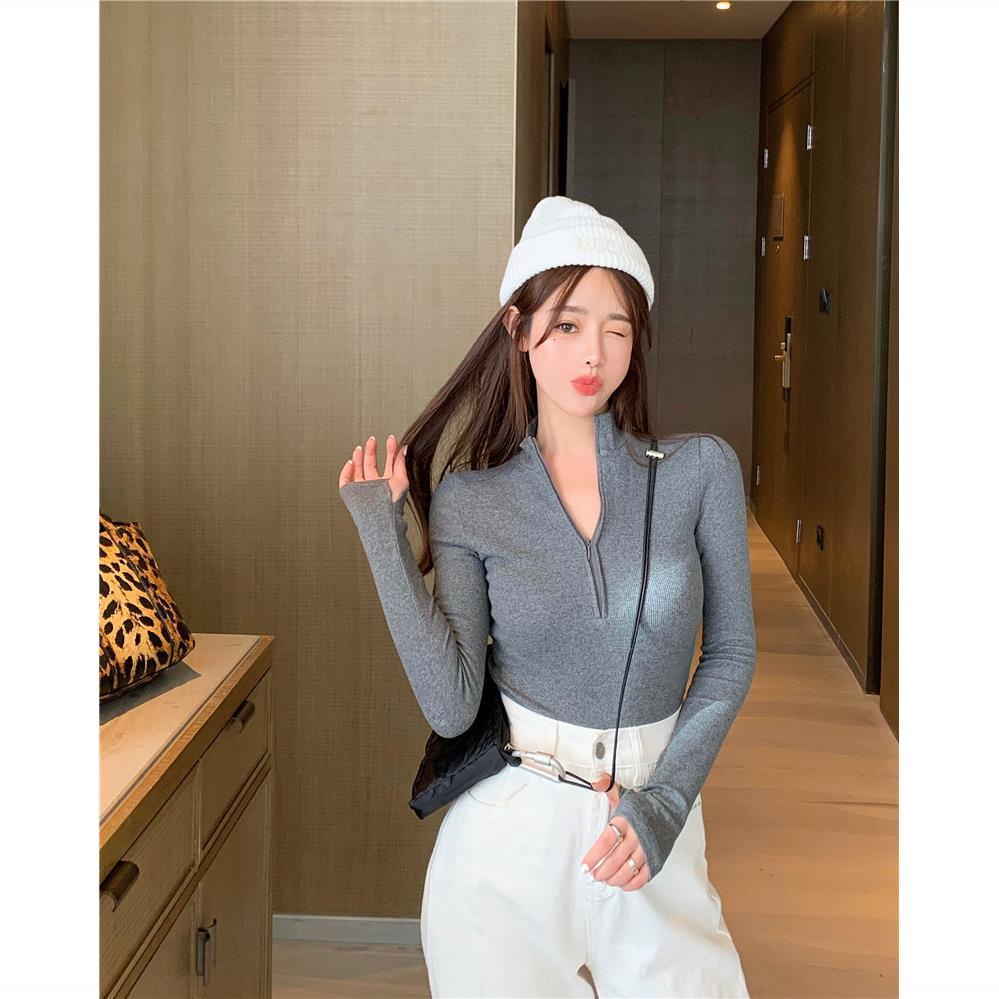 Red Hitam Lengan Panjang Rajutan T-shirt Wanita Musim Gugur Ketat Setengah Tinggi Kerah Kemeja 2022 Baru Pendek top