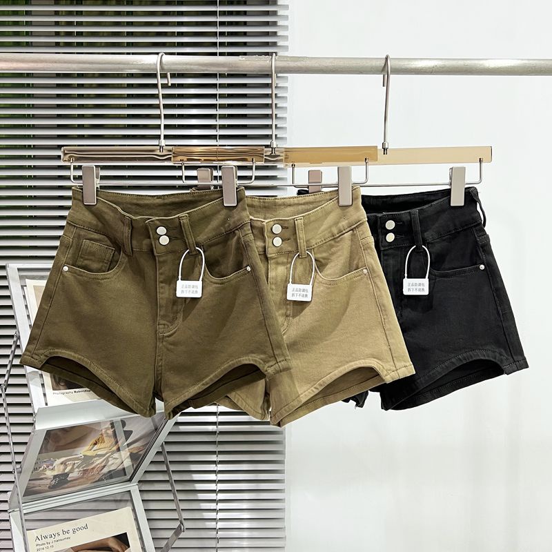 Red Khaki Celana Pendek Denim Wanita 2023 Baru Musim Semi dan Musim Panas Gaya Amerika Minimalis Pinggang Tinggi Elastis Hip-Mengangkat Babes Ketat hot Pants