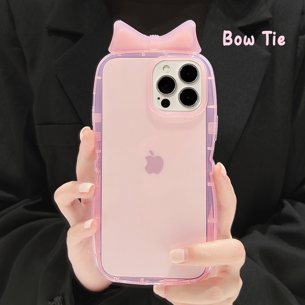 3d Bow Transparan Warna Solid Shockproof Pelindung Casing Ponsel Cover Untuk Iphone X XR XS 11 12 13 14 PLUS PRO MAX