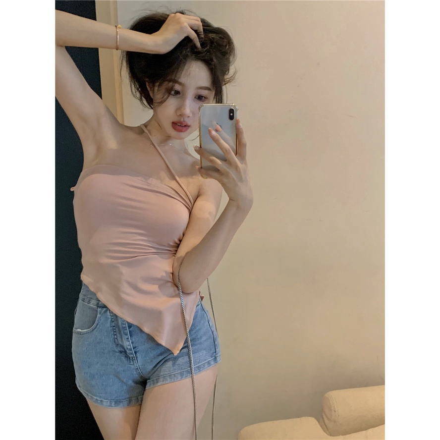 ♨№△#COD Suhao satu bahu menggantung leher T-shirt wanita musim panas gaya keinginan murni hot girl bagian pendek tidak teratur ketat seksi lengan panjang bottoming top