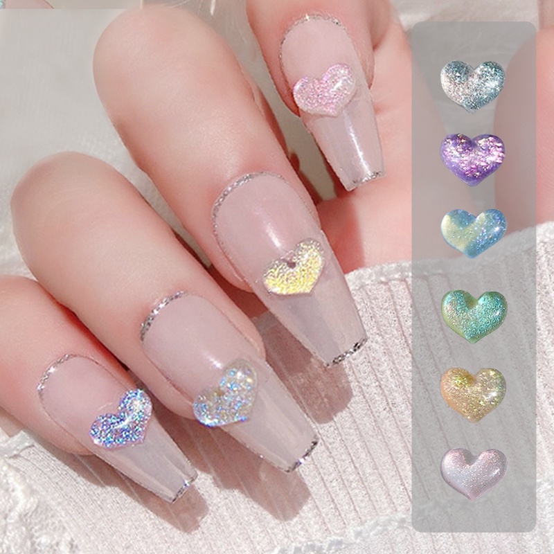 Nail Rhinestones Aurora Glitter Bentuk Hati Nail Art Hias Flat Cinta Warna Campur Manicure DIY Aksesoris