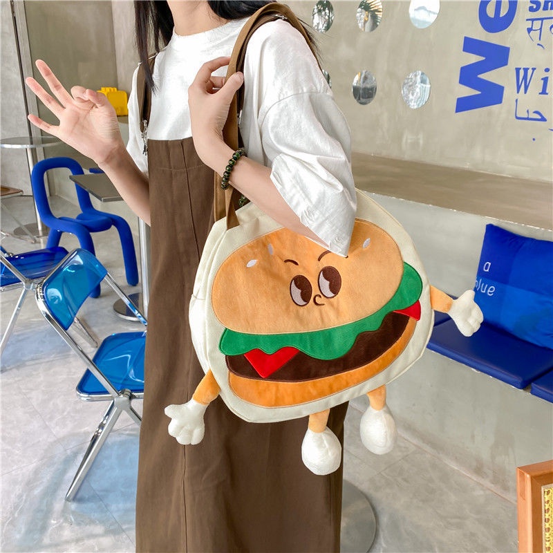 Sera seri lucu hamburger musim semi ceruk tas lucu baru awal musim semi tas kanvas satu bahu tas kreatif Douyin Xiaohongshu