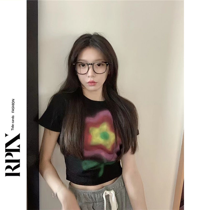 Red RPIN Hong Kong rasa chic bunga cetak chic lengan pendek T-shirt perempuan musim panas hot girl slim bahu pendek bahan katun