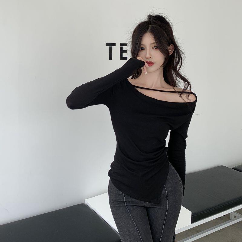 Red Swing collar t-shirt wanita keinginan murni celah angin setengah panjang lengan panjang kemeja musim semi slim versi Korea dari hot girl top