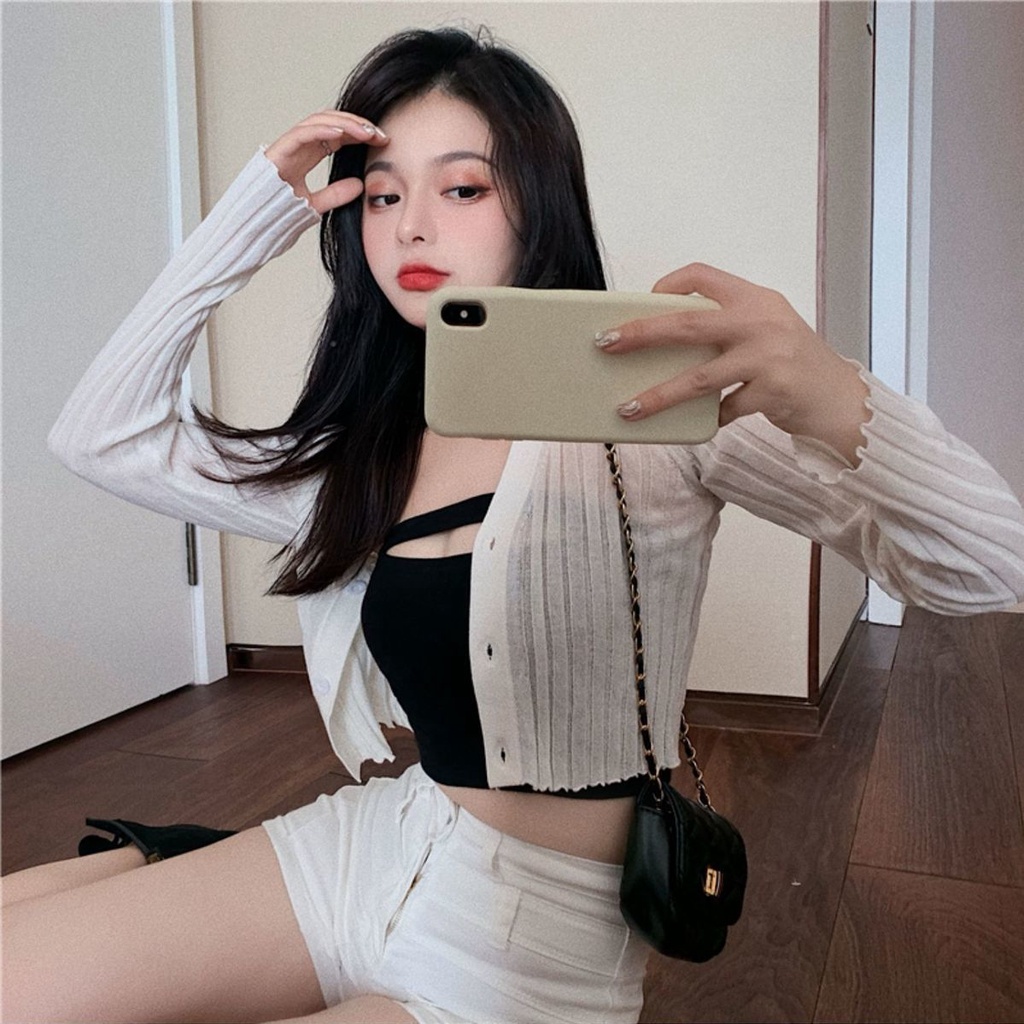 Red Rajutan putih kardigan kecil mantel tipis wanita musim semi dan musim panas hot girl tube top rompi pendek top set dua potong baru