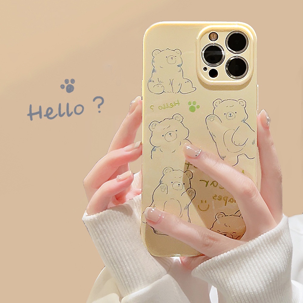 IPHONE Cute Doodle Dancing Bear Kartun Cream Kuning Perlindungan Penuh Casing Ponsel Cover Untuk Iphone11 12 13 14 PLUS PRO MAX