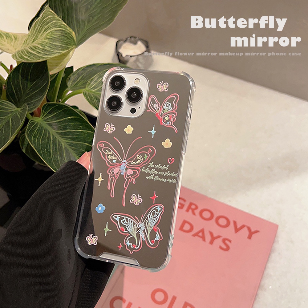 IPHONE Sketsa Musim Semi Butterfly Phone Mirror Case Makeup Covers Untuk Iphone7 8 PLUS X XR XS 11 12 13 14 MINI PRO MAX SE 2020