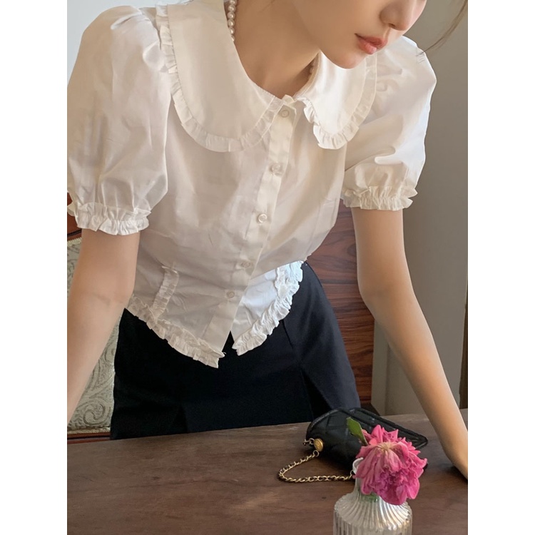 Red Retro Puff Sleeve Boneka Kerah Kemeja Wanita Musim Panas Bahasa Perancis Kayu Sisi Telinga Pendek Lengan Pendek Kemeja Putih dengan Atasan