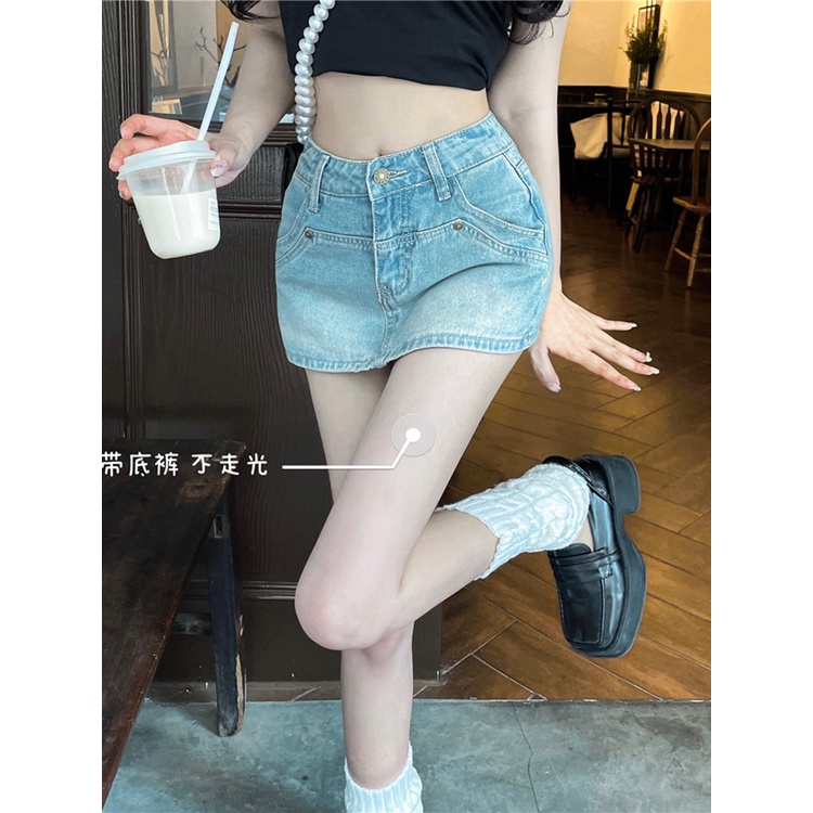 Red American retro rok denim pinggang tinggi wanita musim panas baru hot gadis tas pinggul rok mini A-line rok rok kulot