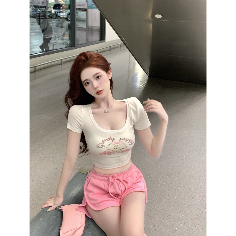 ♗☁✈#COD Suhao gaya keinginan murni T-shirt lengan pendek wanita rasa desain ceruk musim panas putih hot gadis berleher rendah ketat seksi bottoming shirt top