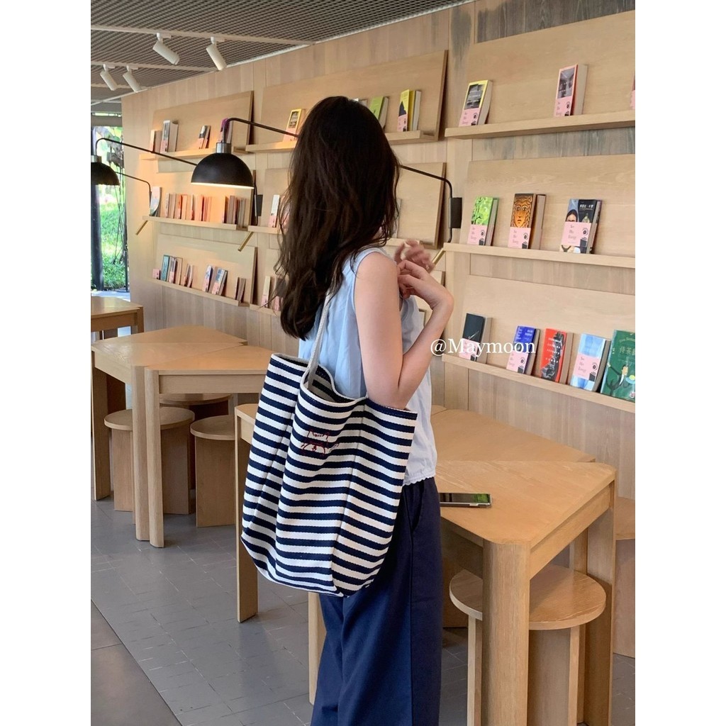 Tas Tote Wanita, Tas Kanvas Bergaris Kapasitas Besar Portabel, Tas Bahu untuk Wanita