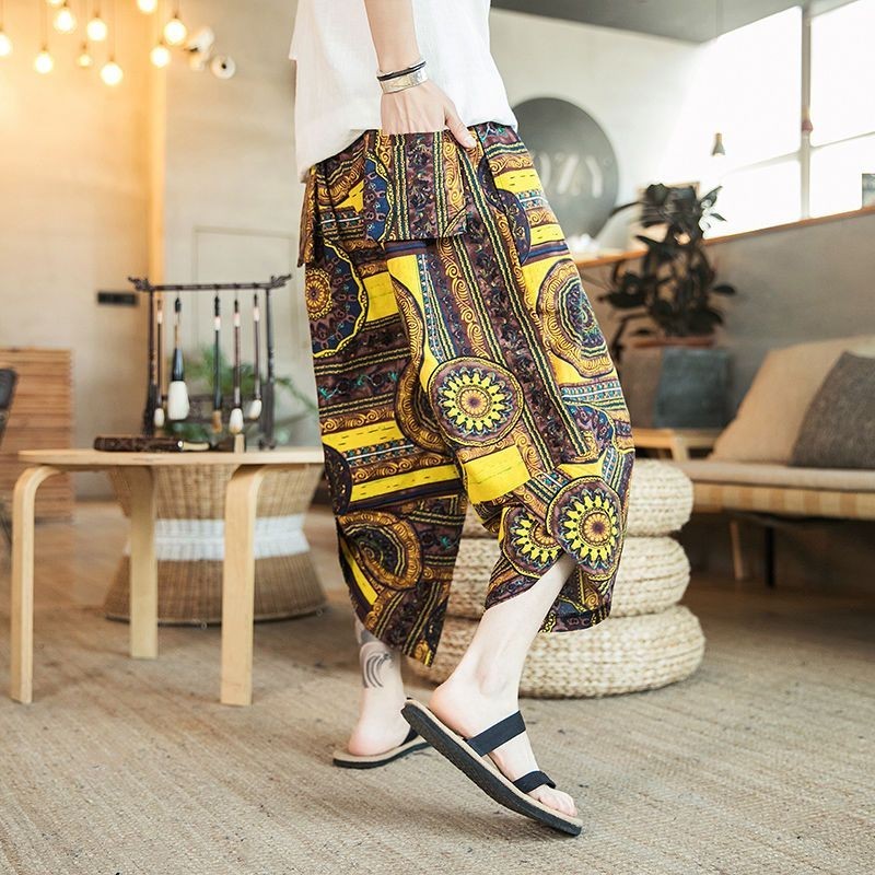 Harem Celana Pendek Pria, Bawahan Katun Linen Kaki Lebar Kasual Trendi