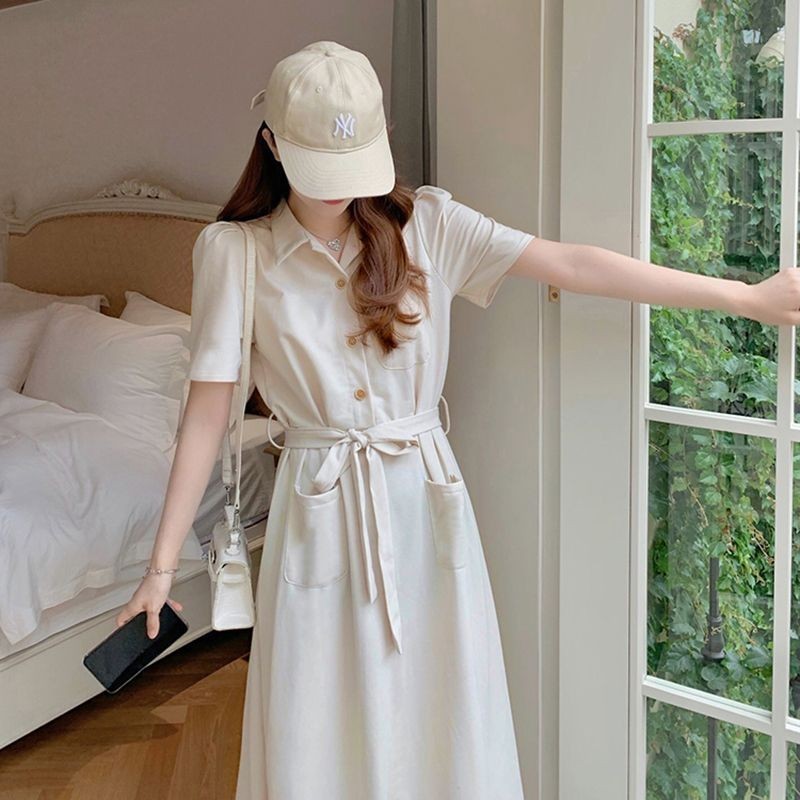 KerahPOLOGaun Selutut Pelangsing Pinggang, Gaun Bertali Warna Polos