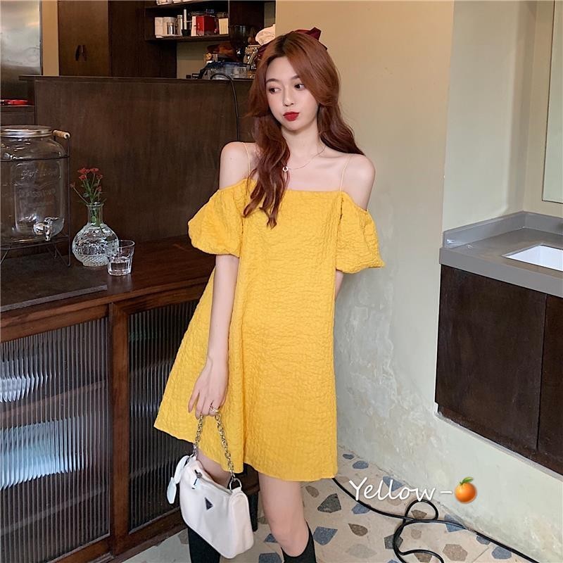 Gaun Lengan Pendek Wanita, Baju Tali Bahu Terbuka Seksi Gaya Perancis Baru