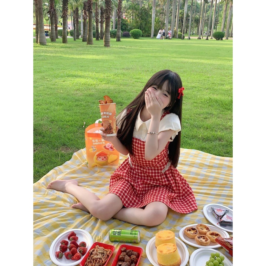 [Cream Winnie]Dress pendek ala korea rok kotak-kotak merah ala kampus