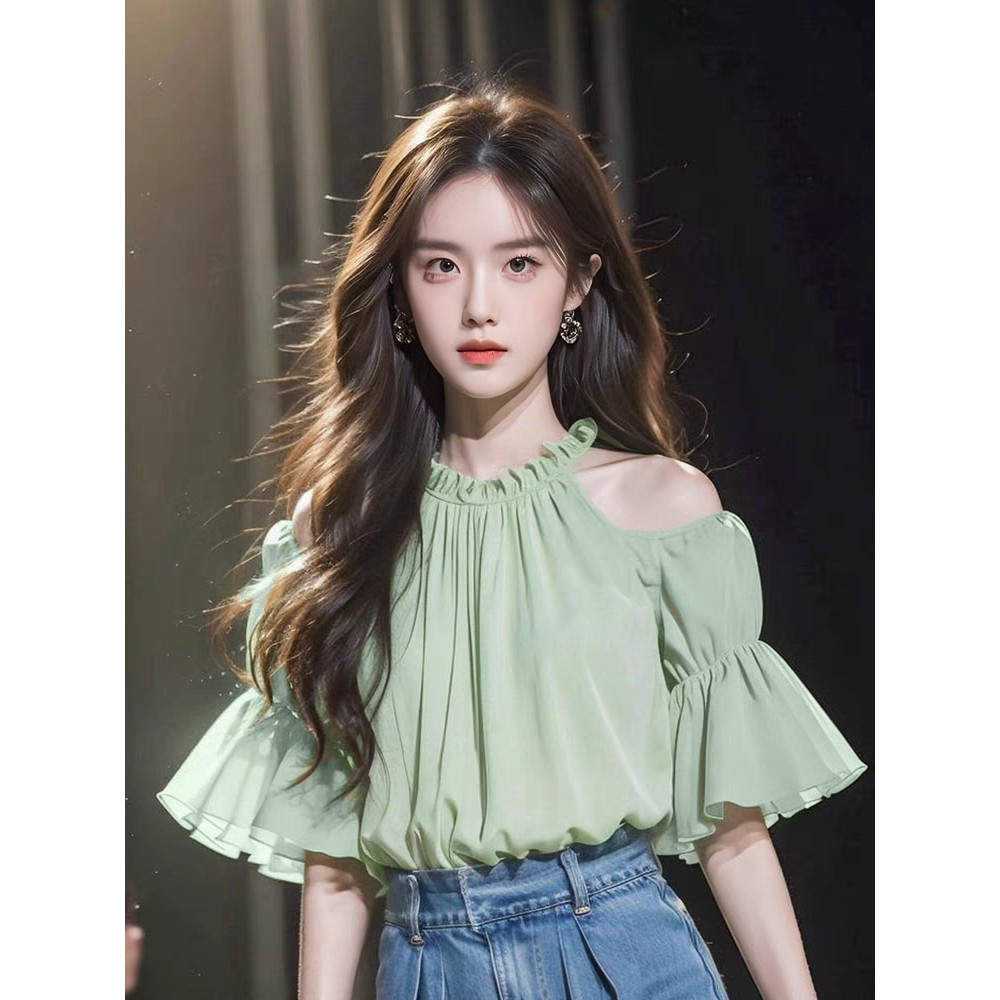 Dopamin Mint Wanita Mambo Hijau Kelas Tinggi Desain Bahu Terbuka Blus Gadis Atasan Ceruk Rasa