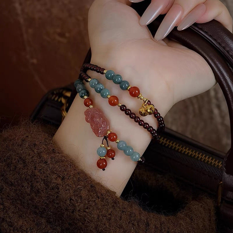 Lucky Pixiu Bracelet for Women Strawberry Quartz Garnet New Chinese Style National Style Jade
