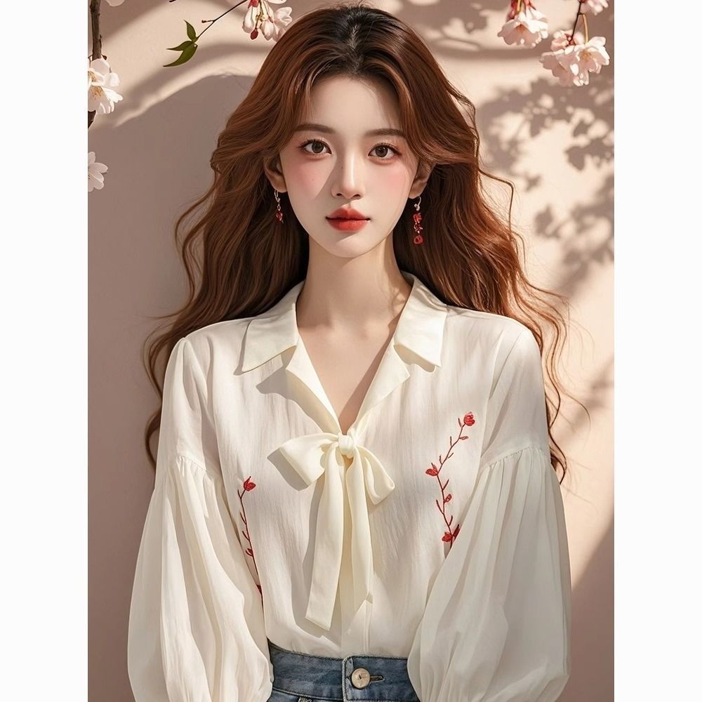 Kemeja Lengan Panjang Wanita Baru dengan Pita Putih