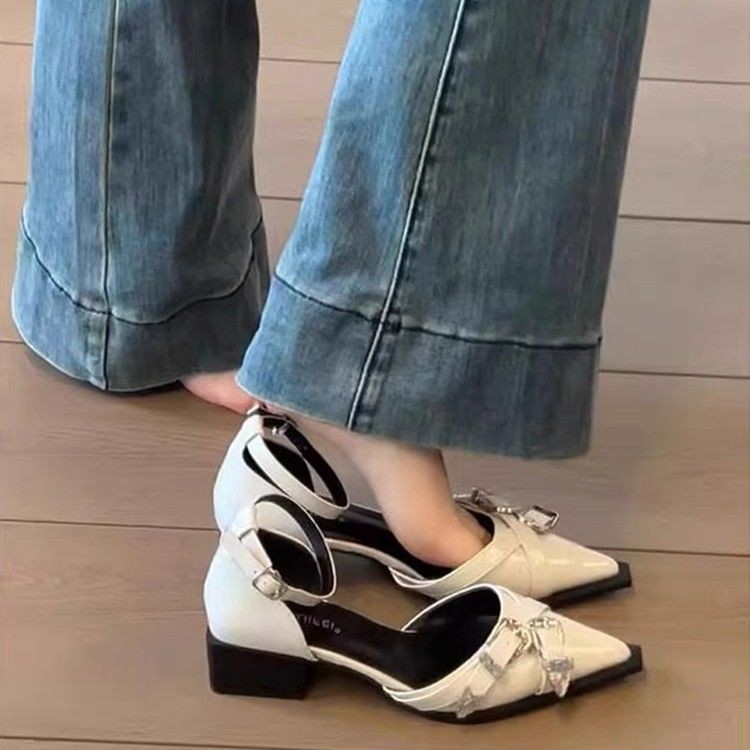 Sepatu Hak Rendah Hak Tinggi Ujung Runcing Sandal Tertutup Wanita Mary Jane Flats Gaya Prancis Hak T