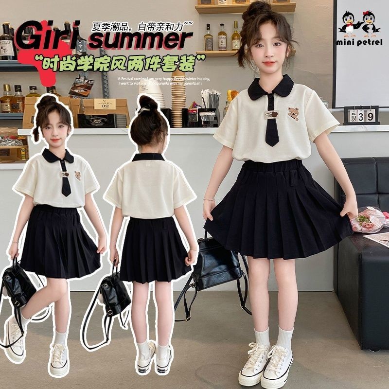 Setelan Dua Potong Rok Anak Perempuan Musim Panas Baru Fashionable Katun Mutiara Lengan Pendek Gaya 